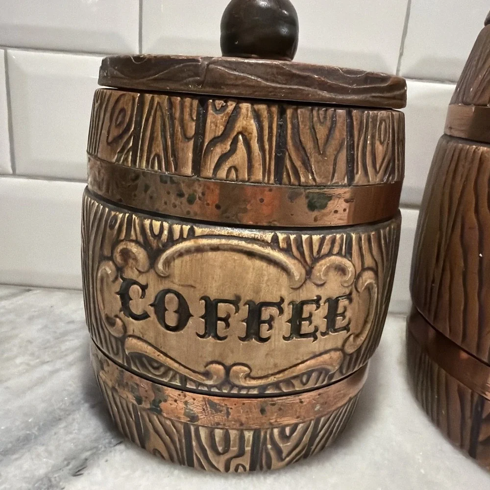 Set of 3 Vtg MCM Treasure Craft Ceramic Canister Barrel Flour Sugar Tea Coffee 9